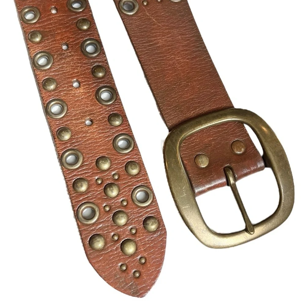 Linea Pelle Medium Brown Leather Belt Solid Brass Buckle